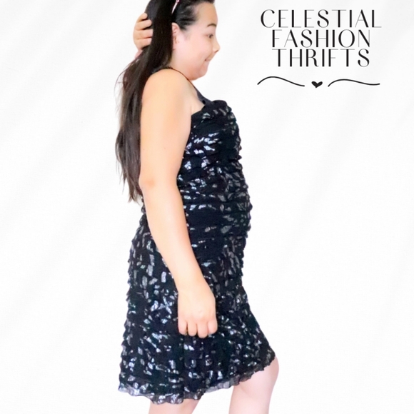 RICKIS WOMENS SIZE XL STRAPLESS BLACK & SILVER RUFFLES MIDI DRESS - Picture 2 of 6